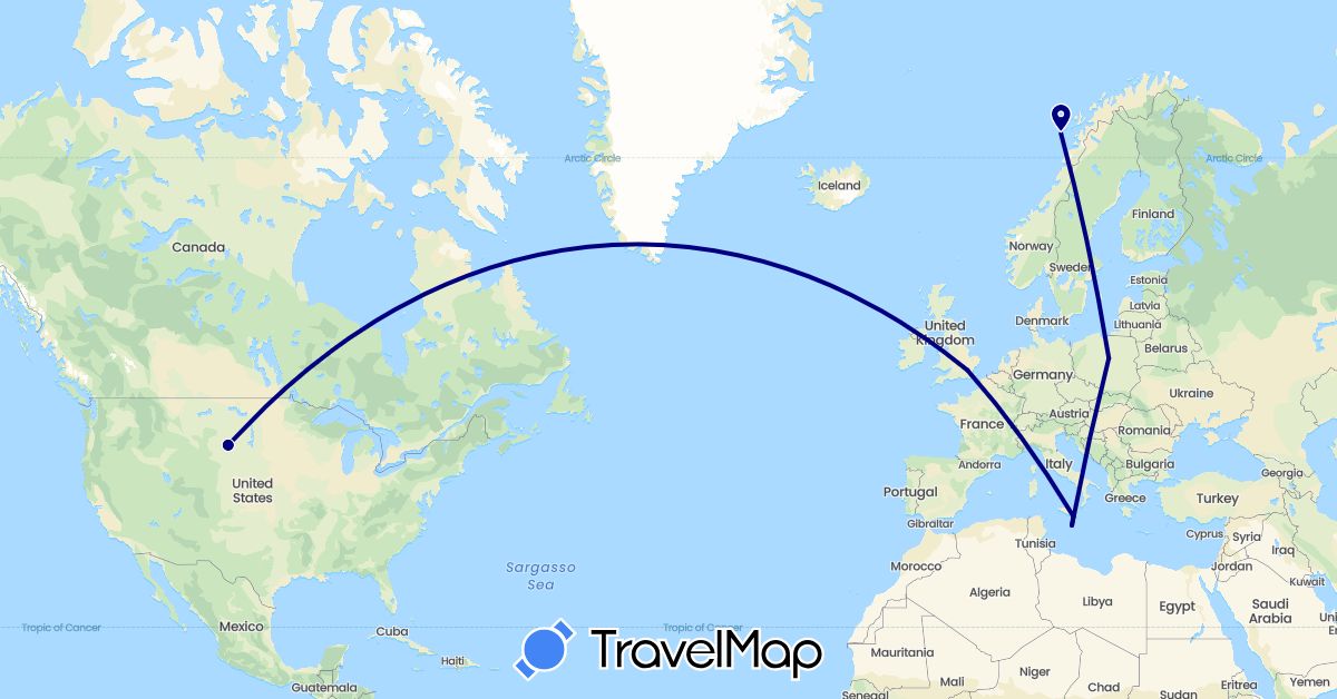 TravelMap itinerary: driving in United Kingdom, Italy, Malta, Norway, Poland, United States (Europe, North America)